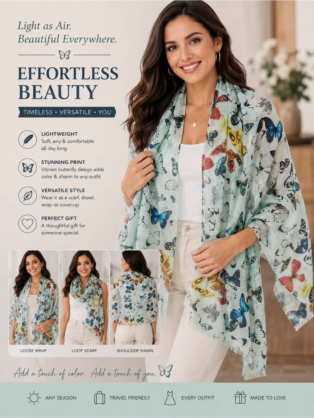 Butterfly Print Light Mint Scarf & Wrap